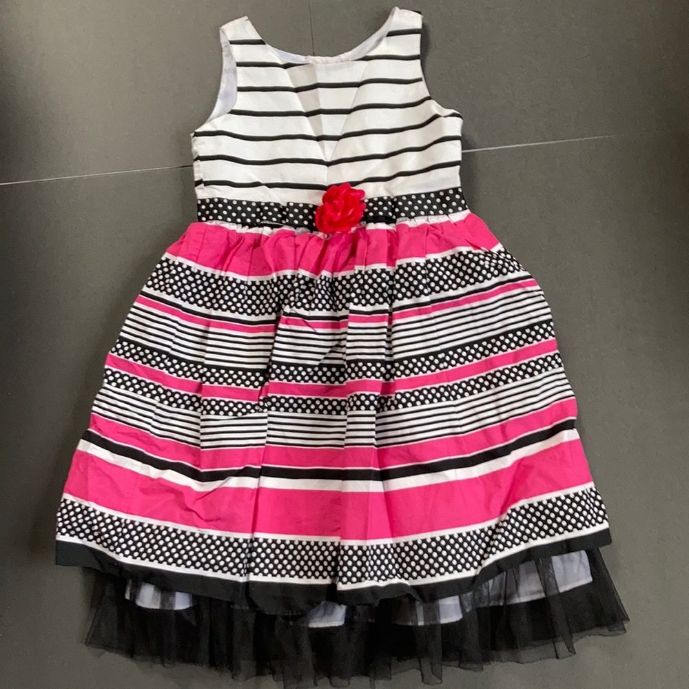 Youngland Girls dress Stripe White/Black/Pink Polka Dot Sash with Pink Rose sz 6